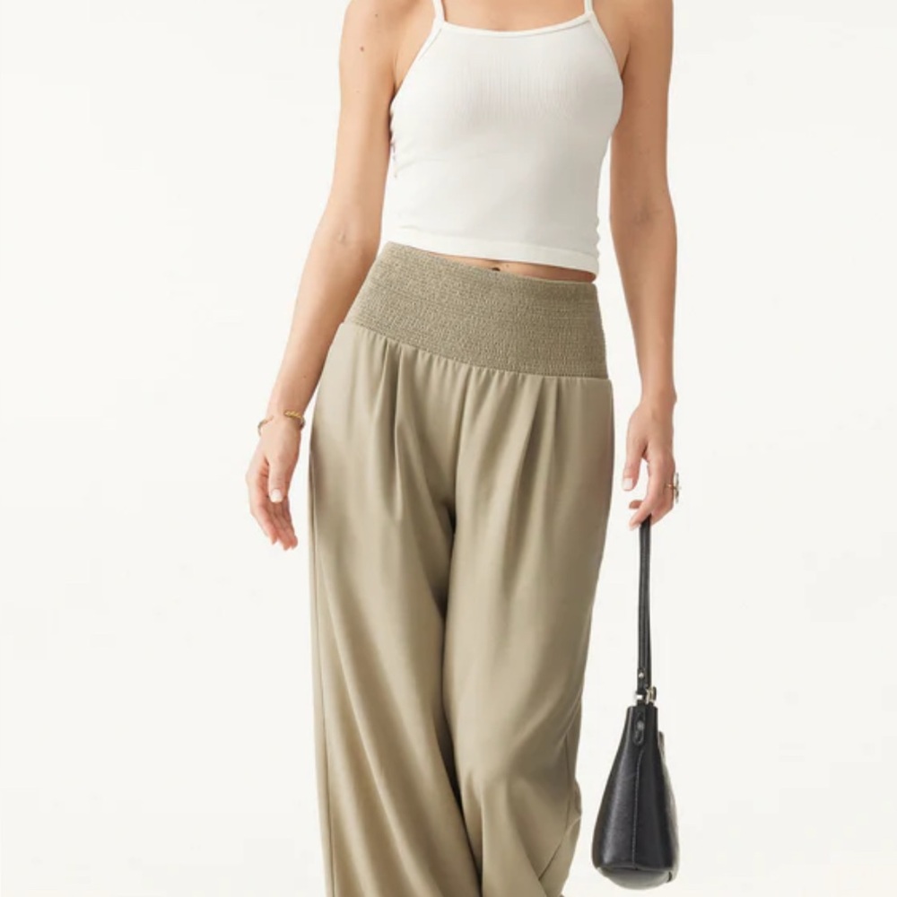 NWT Wrinkle-resistant Tencel-linen Mid Rise Smocked Wide Leg Pant w/ Pockets-Med